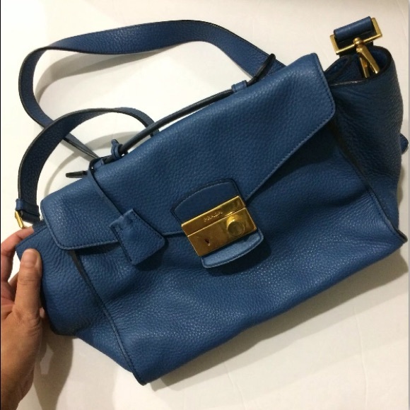 Prada Authentic Satchel Bag Pebbled Leather Blue - Picture 3 of 15
